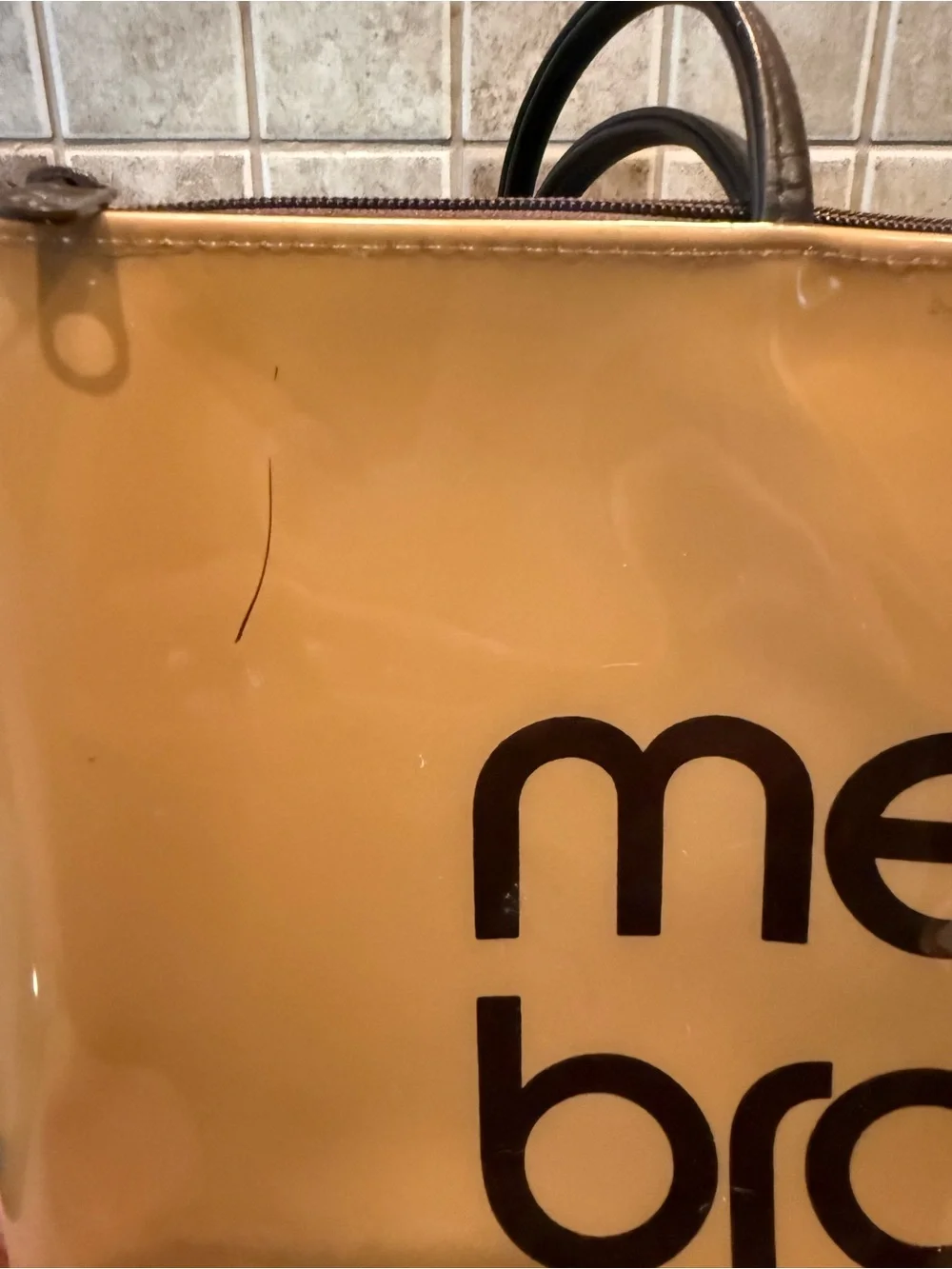 Bloomingdales Medium Brown Bag Tote PVC Reusable Shopping Bag Glossy Zip Top